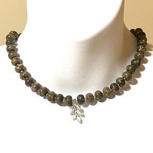 Cute Unakite Stone Silver Leaf Branch Necklace, Genuine Gemstone Beaded Necklace